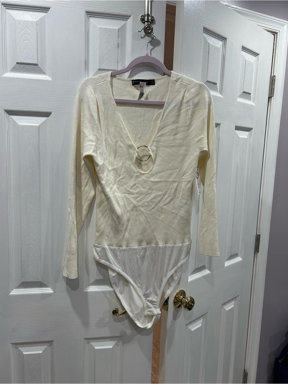 Cream Long-Sleeve V-Neck Ring-Accent Bodysuit